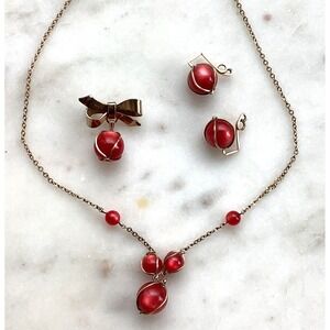 Vintage Gold Red Pearlized Spheres Necklace Pin Atomic Age Jewelry